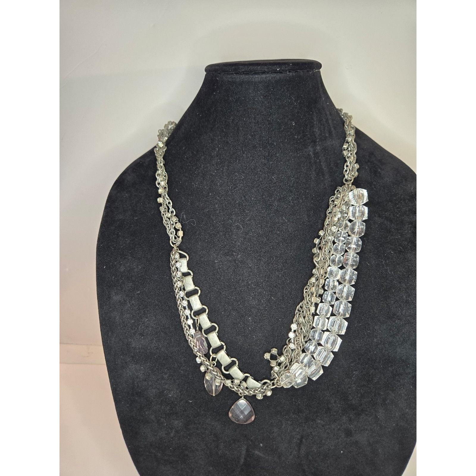 American Eagle Necklace Dark Silver Tone Layered Clear Beads Chains 6$